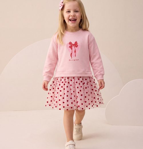 Girls Full Sleeve Bow & Heart Print Dress (4-7y)