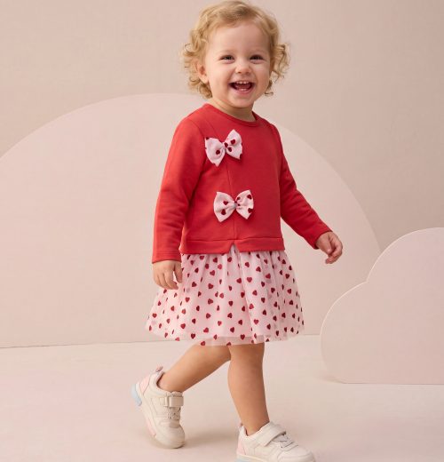 Girls Full Sleeve Double Bow Heart Print Dress (1-4y)