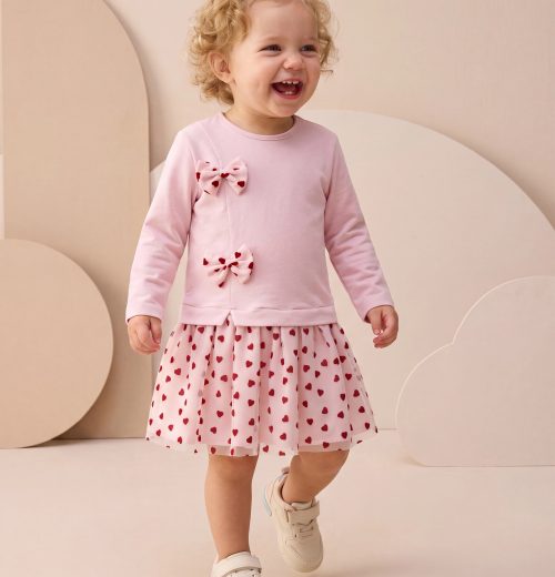 Girls Full Sleeve Double Bow Heart Print Dress (1-4y)