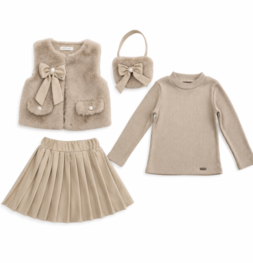 IMG 4746 1 Girls 4pc Fur Gillet & Pleated Skirt Set with Purse (2-8y)