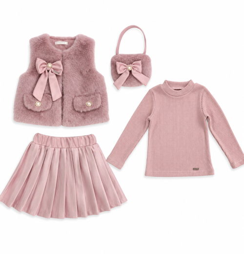 Girls 4pc Fur Gillet & Pleated Skirt Set with Purse (2-8y)