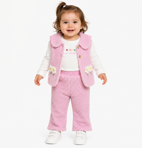 Baby Girl 3-Pc Bubble-Textured Gilet with 3D Daisy Flower, Top  & Trouser Set (9-24M)