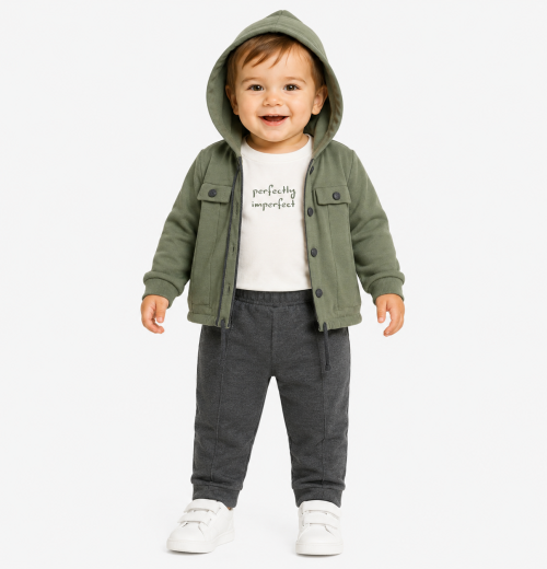 Baby Boys 3pc Hooded Jacket , Slogan Top & Jogger Set (9-24M)