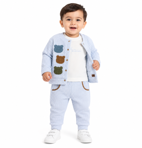 Baby Boys 3pc Bear Shaped Applique Patches Jacket & Joggers Set (9-24M)