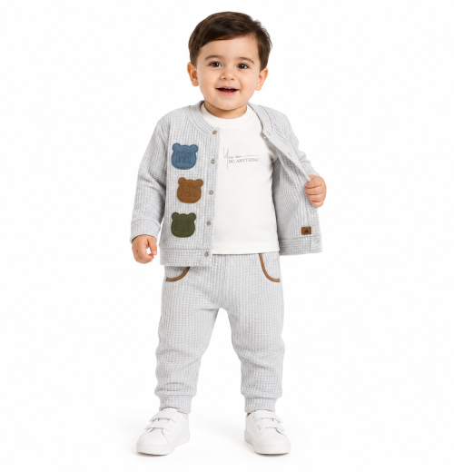 Baby Boys 3pc Bear Shaped Applique Patches Jacket & Joggers Set (9-24M)