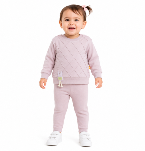 Baby Girl 2-Pc Diamond Textured Sweatshirt with Bunny Badge & Jogger Set (9-24 M)