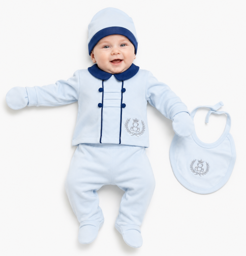 Baby Boys 5pc Teddy Crown Set with Bib, Mittens & Hat (0-3m)