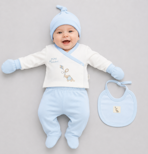 Baby Boys 5pc Elephant Set with Bib, Mittens & Hat (0-3m)