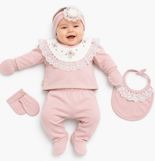 Baby Girls 5pc Floral Lace Set with Bib, Mittens & Headband (0-3m)