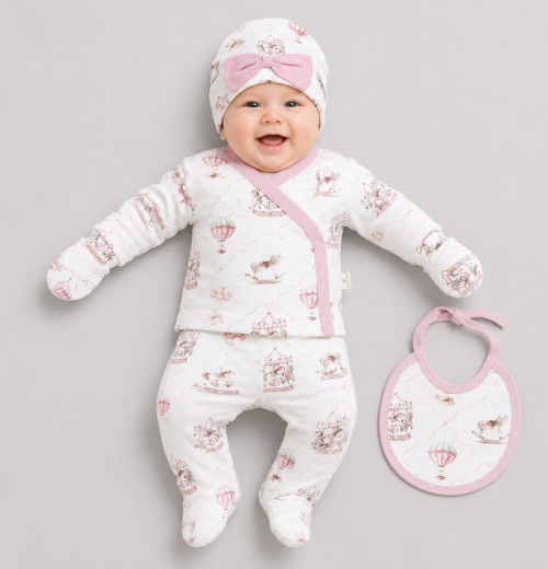 Baby Girls 5pc Carousel Set with Bib, Mittens & Hat (0-3m)