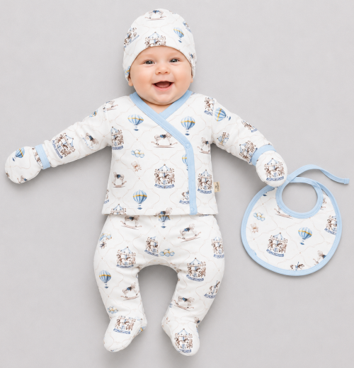 Baby Boys 5pc Carousel Set with Bib, Mittens & Hat (0-3m)