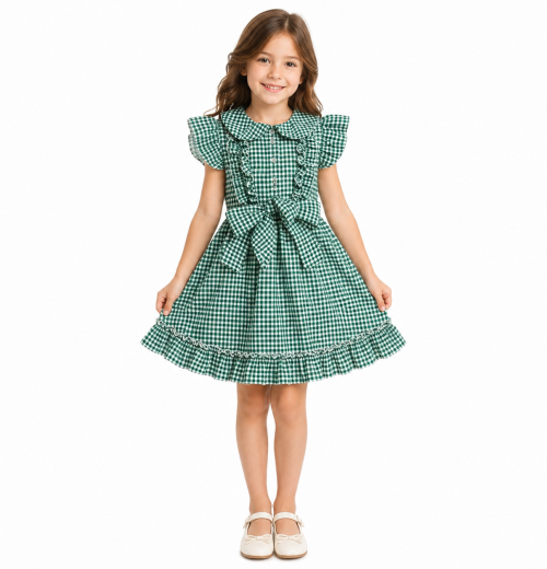 Girls Green Ruffle Check School Dress (4-12y)