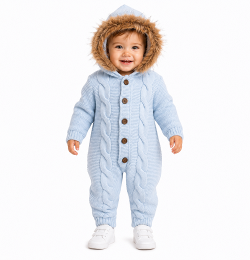 Baby Boys Sherpa Lined Fur Hood Knitted Romper (3-12m)