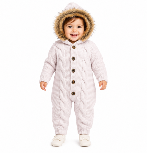 Baby Girls Sherpa Lined Fur Hood Knitted Romper (3-12m)