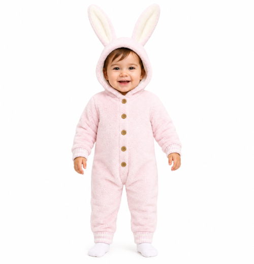Baby Girls Button Front Hooded Romper (3-12m)