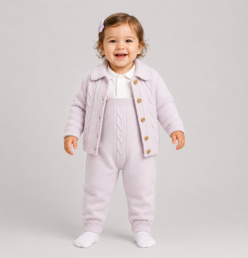 Baby Girls 3pc Knitted Dungarees, Vest Top & Cardigan Set (0-12m)