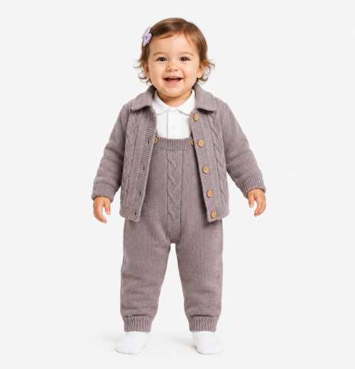Baby Girls 3pc Knitted Dungarees, Vest Top & Cardigan Set (0-12m)
