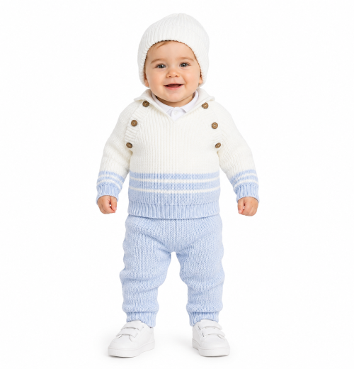 Baby Boys 4pc Knitted Top, Bottoms, Vest & Hat Set (0-12m)