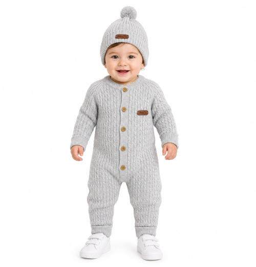 Baby Boys 2pc Cable Knitted Romper & Hat Set (0-12m)