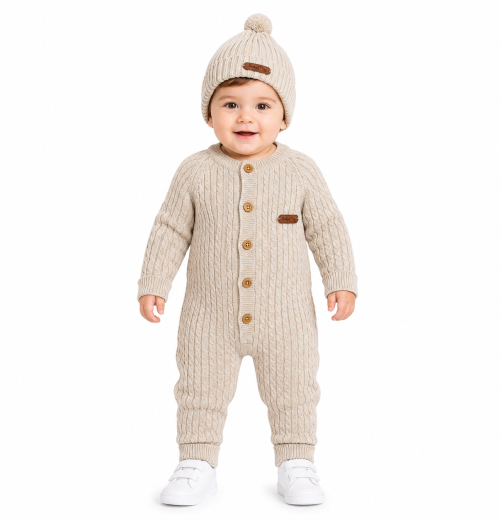 Baby Boys 2pc Cable Knitted Romper & Hat Set (0-12m)