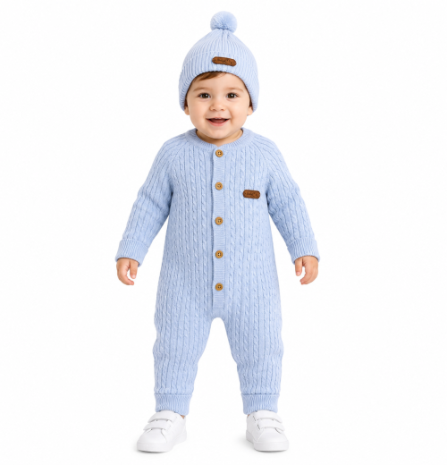 Baby Boys 2pc Cable Knitted Romper & Hat Set (0-12m)