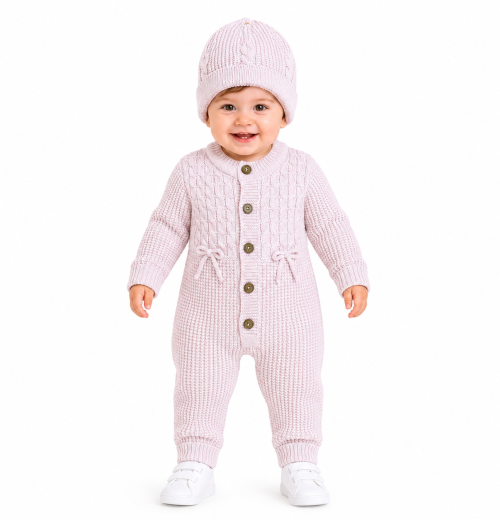 Baby Girls 2pc Cable Knitted Romper & Hat Set (0-12m)