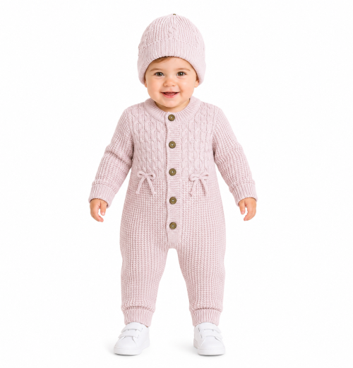 Baby Girls 2pc Cable Knitted Romper & Hat Set (0-12m)