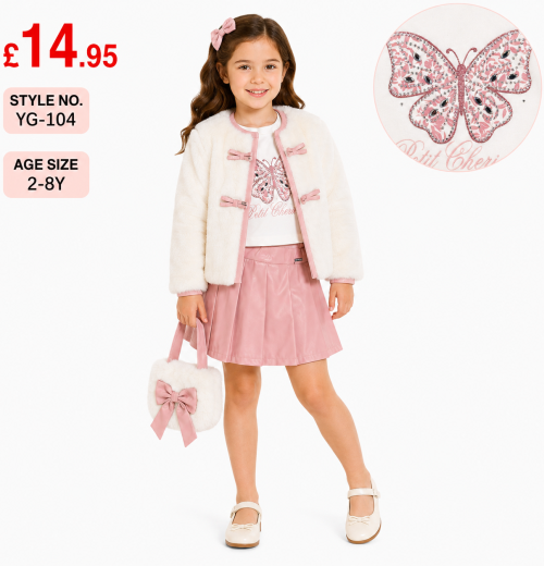 Girls 4pc Fur Jacket, Butterfly Sequins Top & Pleated Skirt Set with Purse (2-8y)