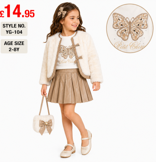 Girls 4pc Fur Jacket, Butterfly Sequins Top & Pleated Skirt Set with Purse (2-8y)