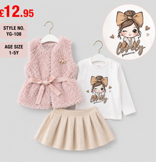 Girls 3pc Fur Gillet & Pleated Skirt Set (1-5y)