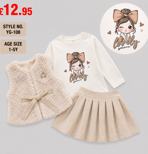 Girls 3pc Fur Gillet & Pleated Skirt Set (1-5y)