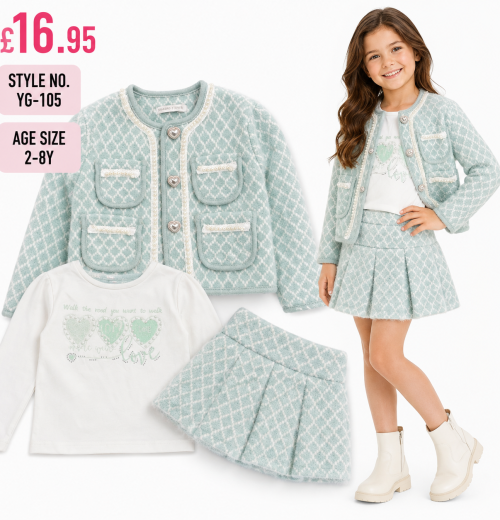 Girls 3pc Sequins Heart Top, Jacket & Pleated Skirt Set (2-8y)