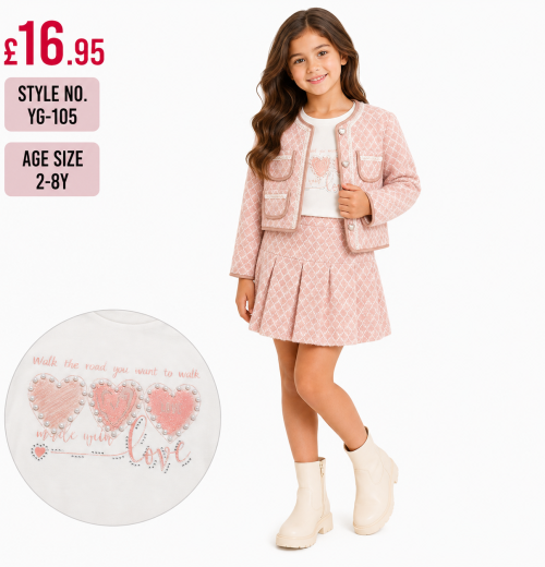 Girls 3pc Sequins Heart Top, Jacket & Pleated Skirt Set (2-8y)