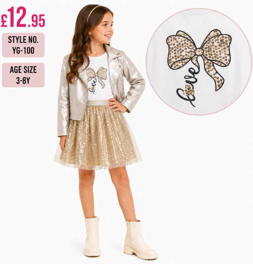 Girls 3pc Pvc Jacket, Bow Top & Sequins Skirt Set (3-8y)