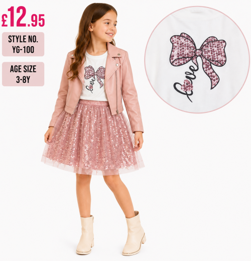 Girls 3pc Pvc Jacket, Bow Top & Sequins Skirt Set (3-8y)