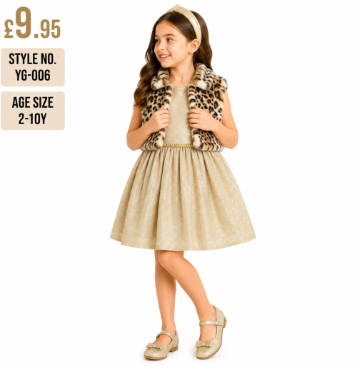 Girls 3pc Fur Shrug, Glitter Dress & Headband Set (2-10y)