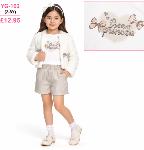 Girls 3pc 'Princess' Top, Fur Jacket & Shorts Set (2-8y)
