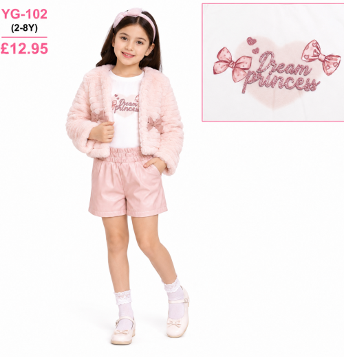 Girls 3pc 'Princess' Top, Fur Jacket & Shorts Set (2-8y)