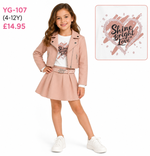 Girls 3pc Pvc Jacket, Glitter Top & Skirt Set (4-12y)