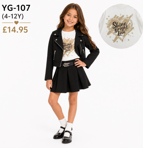 Girls 3pc Pvc Jacket, Glitter Top & Skirt Set (4-12y)