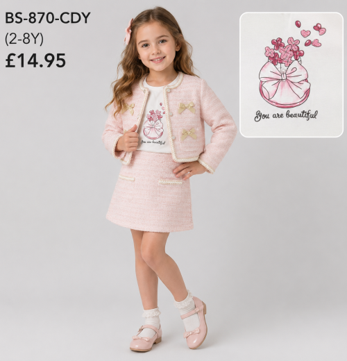 Girls 3pc Tweed Jacket, Bow Top & Skirt Set (2-8y)