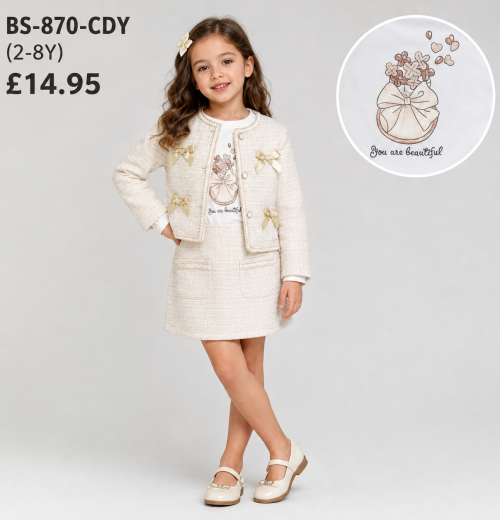 Girls 3pc Tweed Jacket, Bow Top & Skirt Set (2-8y)