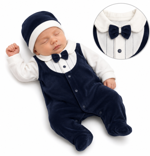 Baby Boys 2pc Bow Tie Velour Romper & Hat Set (0-9m)