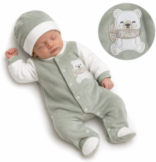 Baby Boys 2pc Teddy Velour Romper & Hat Set (NB)