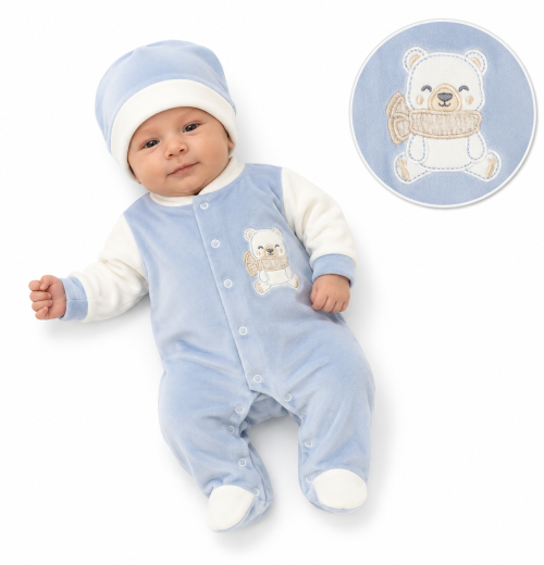 Baby Boys 2pc Teddy Velour Romper & Hat Set (NB)