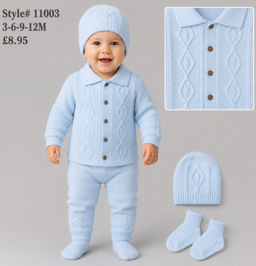 Baby Boys 4pc Cable Knitted Set with Hat & Socks (0-12m)