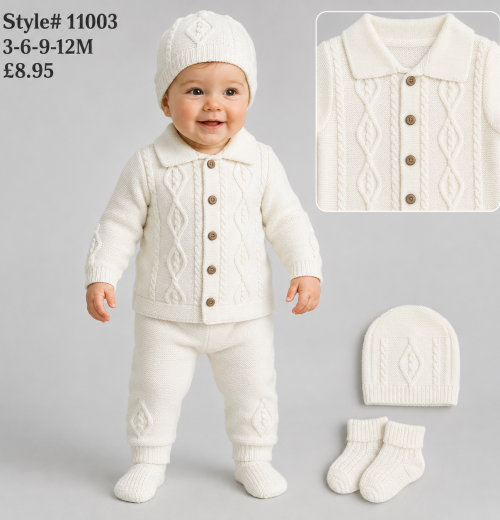 Baby 4pc Cable Knitted Set with Hat & Socks (0-12m)