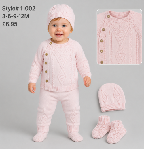Baby Girls 4pc Button Front Knitted Set with Hat & Socks (0-12m)