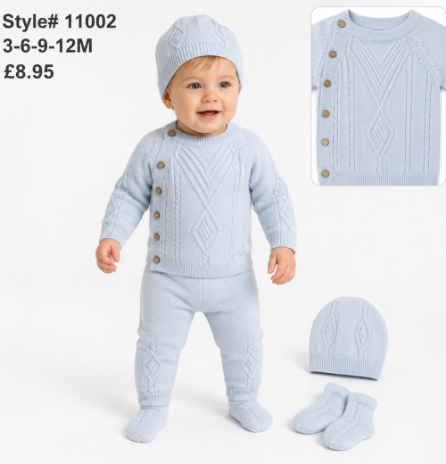 Baby Boys 4pc Button Front Knitted Set with Hat & Socks (0-12m)
