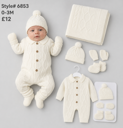 Baby 5pc Knitted Romper Set with Blanket, Mittens, Hat & Socks (0-3m)